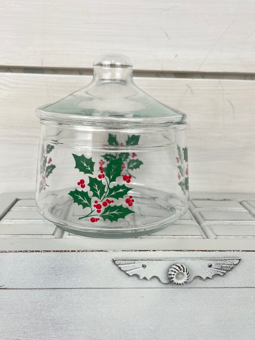 Vintage Glass Covered Candy Dish - Red Green Christmas Holly pattern